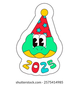 Smiling head of Chinese 2025 snake in carnival red cone cap. New Year velcro for sticker pack or gift card in old style of 2000. Cartoon Y2K retro sticker on white background