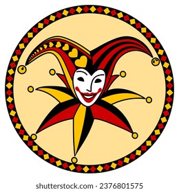 Smiling head of the Joker in a cap and bells in a round emblem. Vector illustration