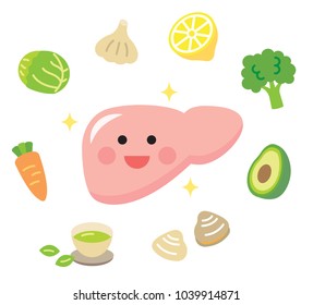 smiling healthy liver and healthy foods isolated on white background