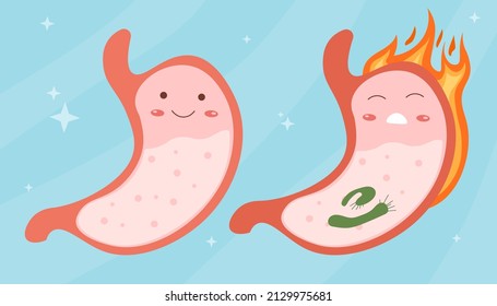 Smiling healthy stomach and sad sick stomach. Gastritis, inflammation of mucous, bacteria, infectious disease. Abdominal pain or heartburn. Treatment and prevention. Cartoon flat vector illustration