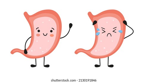 Sonriendo con el estómago sano y con el estómago triste. Gastritis, indigestión y problemas de úlcera. Ilustración de dibujos animados planos vectores sobre fondo blanco.