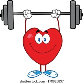 Smiling Heart Cartoon Mascot Character Lifting Weights. Vector Illustration Isolated on white