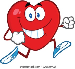 Smiling Heart Cartoon Mascot Character Running. Vector Illustration Isolated on white