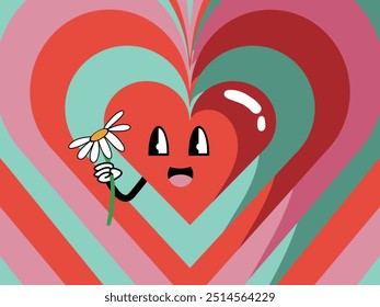 Smiling heart with chamomile. Bright postcard. Cartoon character. Vector illustration