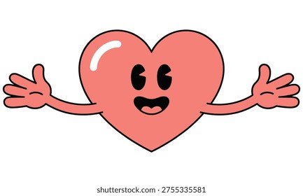 Smiling heart character with open arms and a happy face is depicted in a simple vector graphic illustration on a white background, conveying a sense of love and friendliness.