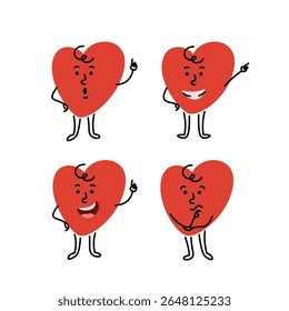 Smiling heart character raised his index finger up and points it at important information. Cute hand drawn cartoon mascot with different facial expression and body posture. Editable stroke