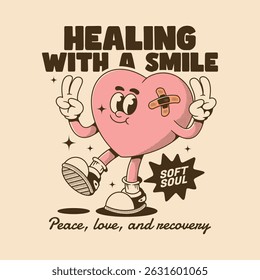 Smiling heart character spreading peace, love, and healing vibes with retro cartoon style