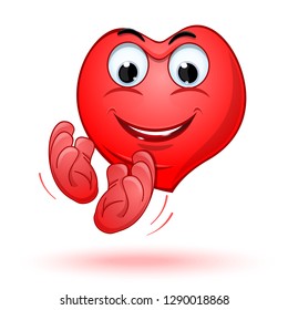 Smiling heart claps his hands with joy. Joyful anthropomorphic cartoon heart. Vector illustration