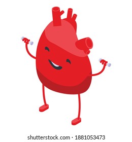 Smiling heart with dumbbell icon. Isometric of smiling heart with dumbbell vector icon for web design isolated on white background