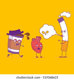 Smiling heart fights cigarette and paper coffee cup cartoon characters in flat style. Bad habits, smoking and cardiovascular health, unhealthy lifestyle. Happy heart symbol. Vector illustration