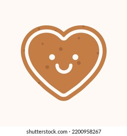 Smiling heart gingerbread cookie. Christmas cookie vector flat illustration.