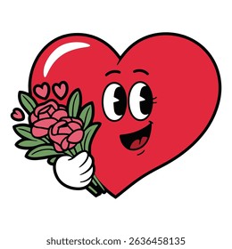 Smiling heart holding a floral bouquet illustration	