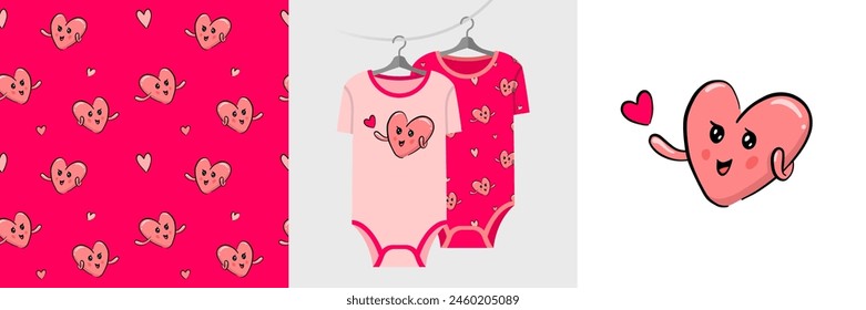 Concepto de icono de corazón sonriente. Conjunto de alimentos, patrón sin fisuras, ilustración de mascota linda para los estampados de las camisetas, pijamas, decoración de la ducha del bebé, diseño de la tela, envoltura, página de aterrizaje del Web, Anuncio, etiqueta engomada