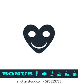 Smiling heart icon flat. Black pictogram on white background. Vector illustration symbol and bonus button