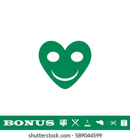 Smiling heart icon flat. Green pictogram on white background. Vector illustration symbol and bonus button