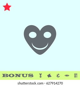 Smiling heart icon flat. Grey pictogram on blue background. Vector illustration symbol and bonus buttons medal, cow, earth, eye, calculator
