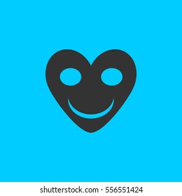 Smiling heart icon flat. Simple vector black pictogram on blue background