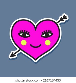 Smiling heart. Kawaii style. Painted heart shaped elements for valentines day greeting card. Retro style, crazy, groovy, hippie aesthetics. Kids graphic t-shirt, cover. Stickers
