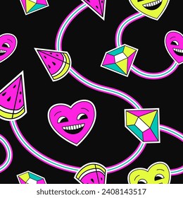 Smiling heart personage with facial expression, diamond or precious gem with facets, watermelon slice. Bright composition. Seamless pattern, wallpaper print or background. Vector in flat style