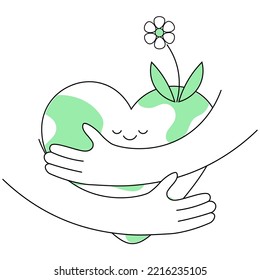 Smiling heart shaped earth cartoon with hands hugging earth. Climate change issue. Cute green heart globe cartoon vector clip art illustration for earth day and World Environment Day. 