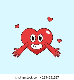 smiling heart stretch out both hands offer love hugs old school retro style cartoon vector illustration