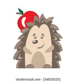 Smiling hedgehog with an apple. Vector isolated image. Forest wild animal. Animal for children's illustration. Cartoon
