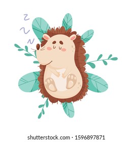 Smiling Hedgehog Character Sleeping On the Bush Vector Illustration