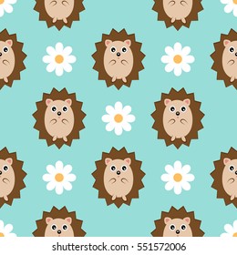 Smiling hedgehog and daisy flower. Seamless pattern. Blue background.  Template for children's clothing and bedding.