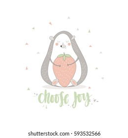 Ð¡ute smiling hedgehog holding strawberries in his paws and a hand-written inscription "choose joy". Child illustration. Vector.