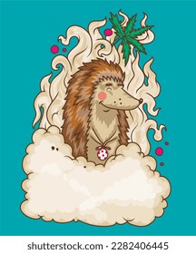 Hevangelio sonriente en humo con hoja de cannabis en el fondo, ilustración vectorial