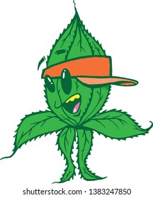 Smiling hemp leaf with arms and legs