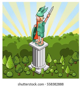 Smiling hero in armor with winged helmet and shield, holding up his sword, standing on marble column in forest area (vector cartoon)