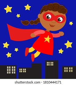 Smiling hero girl in red costume flies in the night sky over cityscape, cartoon vector illustration