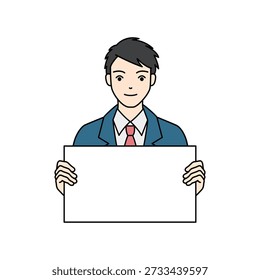 Smiling high school boy holding blank white board or sign