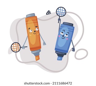 Sonriente resaltador como fuente de Office Carácter humanizado con raqueta de reproducción de vectores Badminton Ilustración