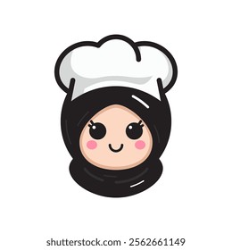 Smiling Hijabi Chef Girl Cartoon Simple Bold Illustration Featuring Blush Cheeks and Culinary Hat  