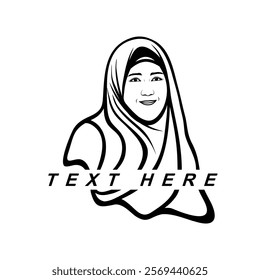 smiling hijab-wearing woman logo facing front black and white vector line art