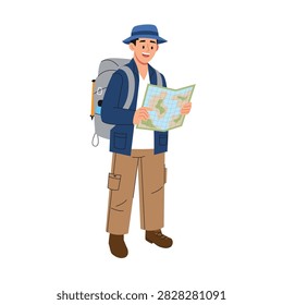 Smiling Hiker Reading a Map with Backpack