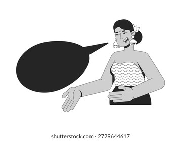 Mujer hindú sonriente que hace gestos con el carácter vacío de la línea 2D de la burbuja del discurso. Mujer india alegre con el bindi y los pendientes que hablan la persona aislada del contorno de la tinta del Vector. Ilustración de punto monocromático