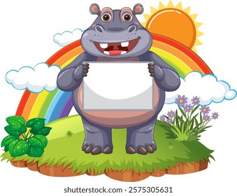 Smiling hippo holding a blank sign outdoors