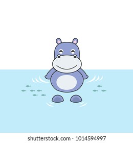 Smiling hippo sit on the water. Vector illustration
