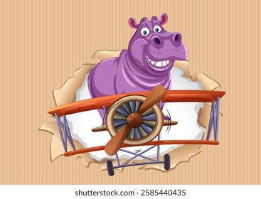 Smiling hippo with a vintage airplane illustration