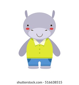 Smiling Hippo In Yellow Top And Blue Pants Cute Toy Baby Animal Dressed As Little Boy