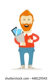 Lächelnder Hipster mit Taschen, Vektorgrafik