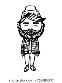 smiling Hipster with beard. Hand-Drawn Doodle. Vector Illustration - stock vector. Hand drawn cartoon character. Bearded man logo