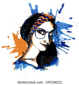 Smiling hipster character girl with glasses and headband ink drawn vector illustration