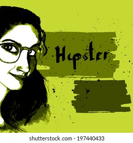 Smiling hipster character girl with glasses ink drawn poster vector illustration