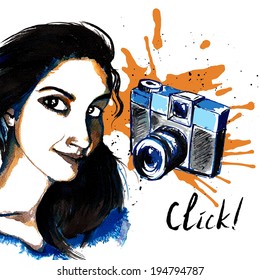 Smiling hipster character girl ink drawn with photo camera vector illustration