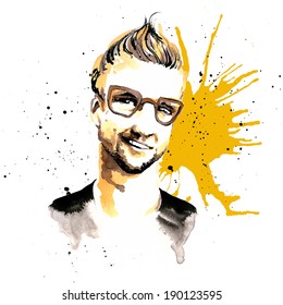 Smiling hipster character man guy in glasses ink drawn vector illustration