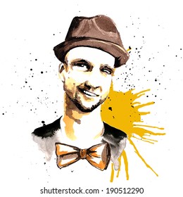 Smiling hipster character man guy in hat and bow tie ink drawn vector illustration